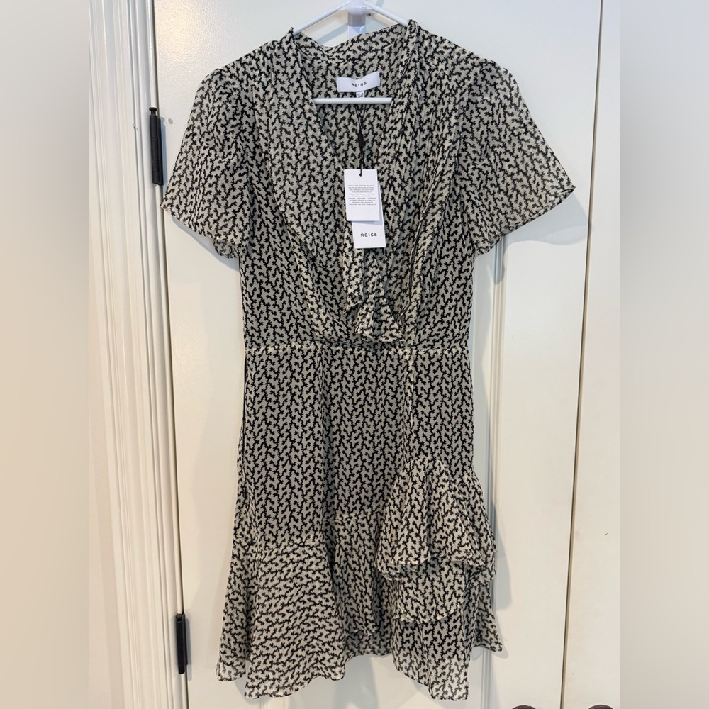 NWT Reiss Paris Dress Black and White Ruffled Dress Sz 2